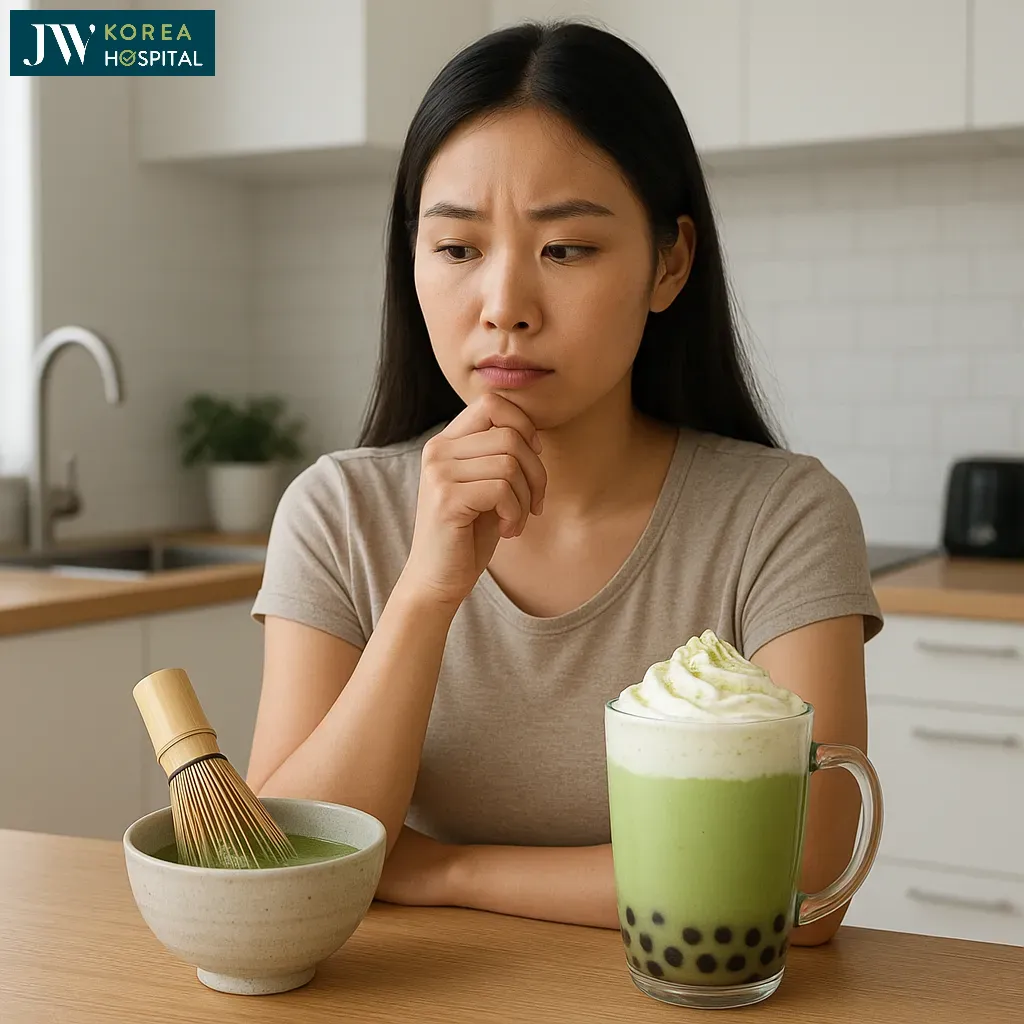 Vietnamese woman comparing pure matcha and a high-calorie matcha latte in a kitchen.